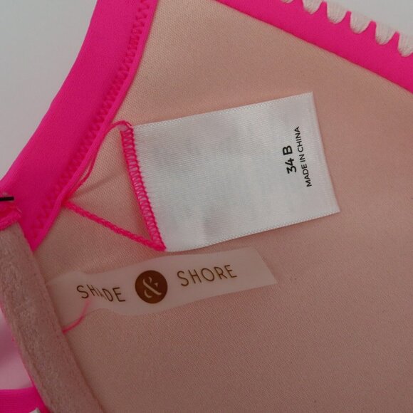 Shade & Shore Womens 34B Neon Pink Embroidered Trim Tassel Halter Bikini Top NEW - Picture 6 of 9